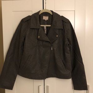 Gray leather-like moto jacket from LOFT